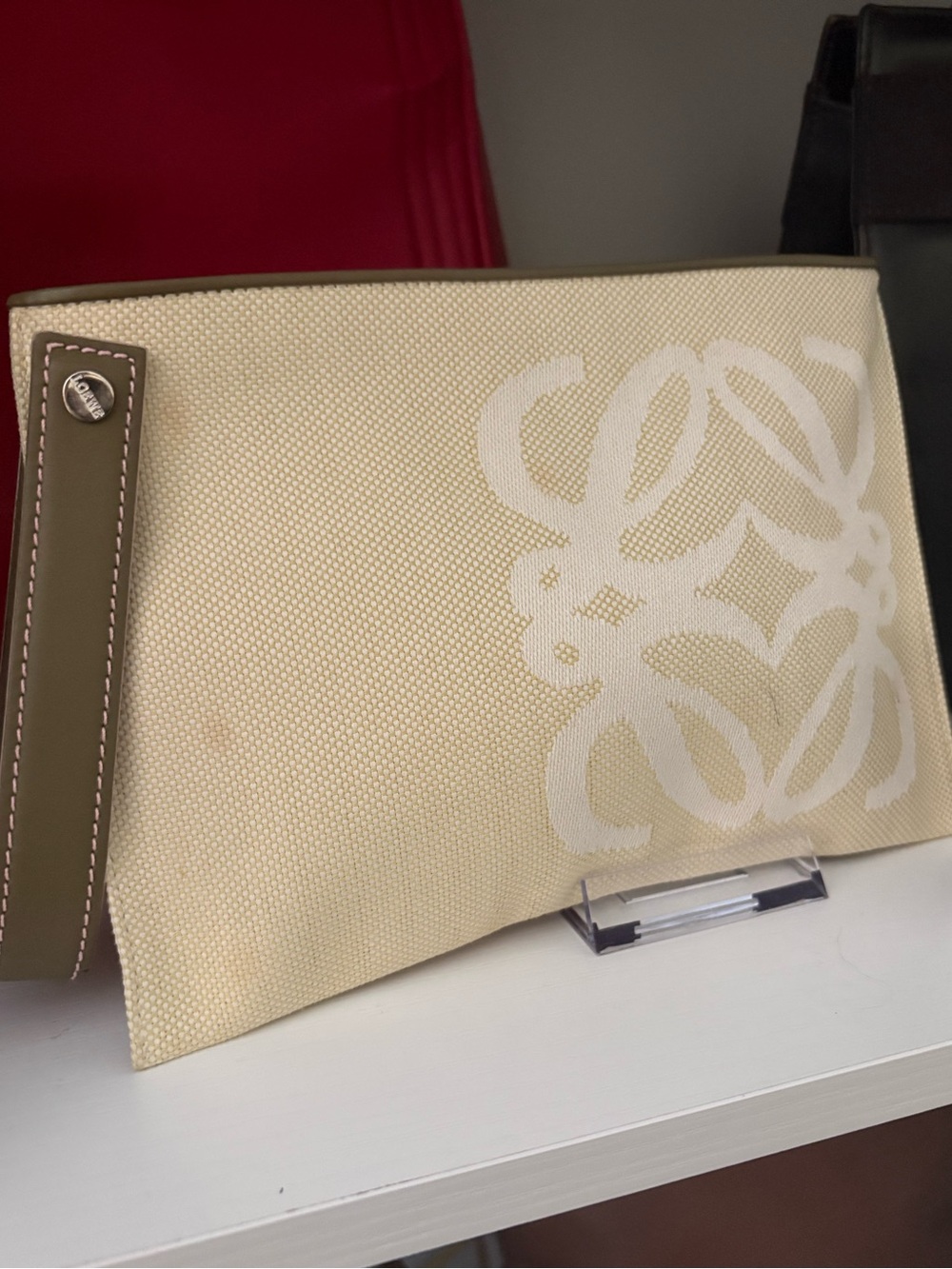 LOEWE Clutch wristlet pouch in cream canvas and leather